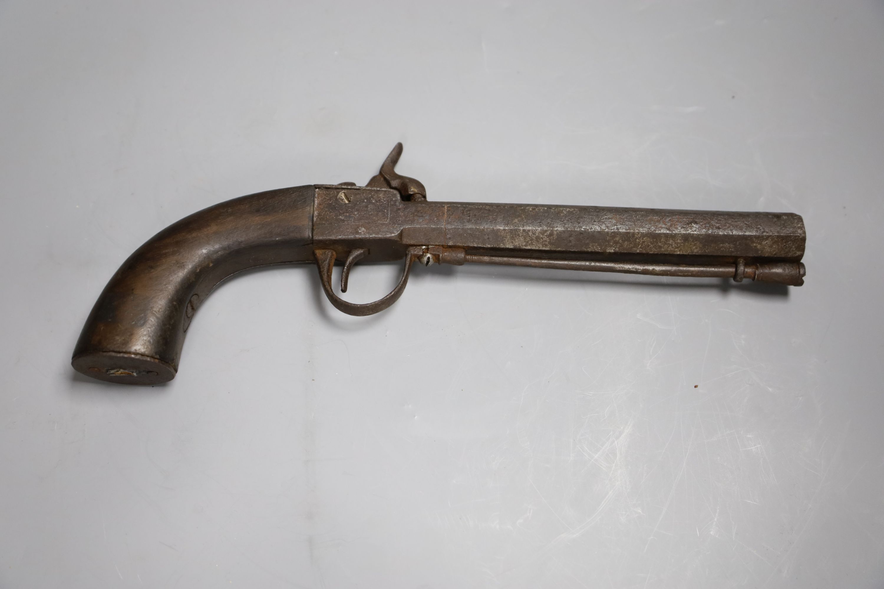 A 19th century octagonal barrelled percussion cap pistol, length 29cm